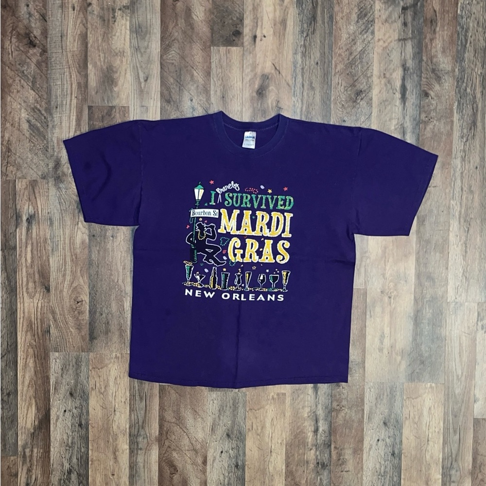 “I Barely Survived Mardi Gras New Orleans” Purple Gildan T-Shirt (X-Large)